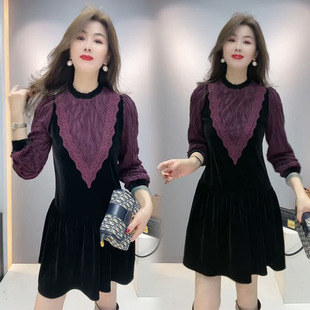 韩版 设计感针织拼接荷叶边宽松显瘦丝绒打底裙 连衣裙女2024冬新款
