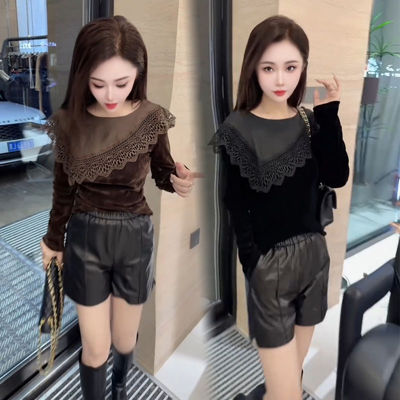 丝绒衬衫女2026秋季新款气质不等式蕾丝拼接披肩假两件长袖打底衫