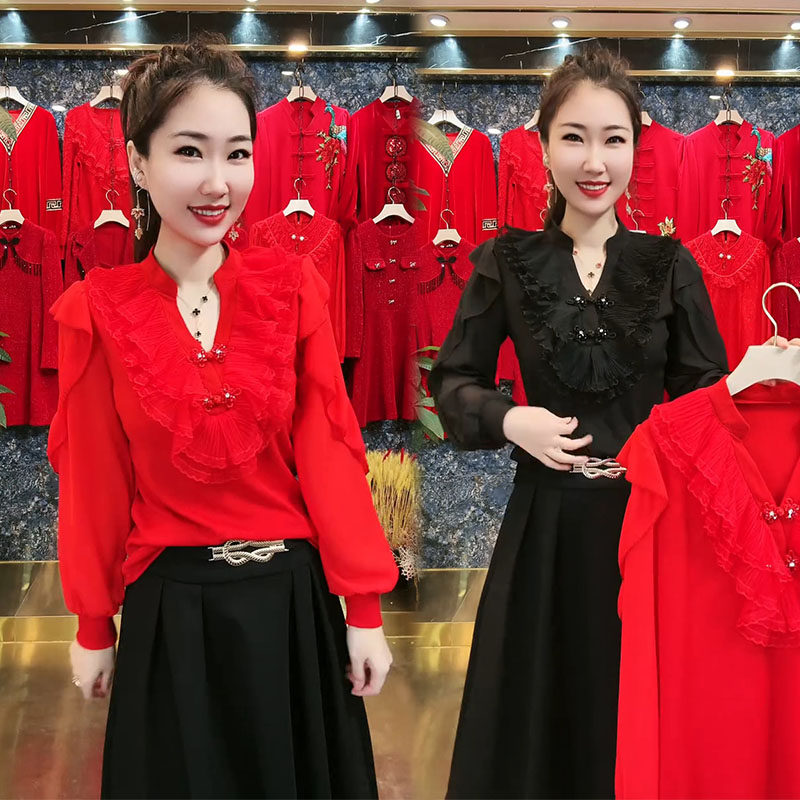 本命年红色打底衫女2024春新款国风盘扣洋气减龄拼接荷叶边蕾丝衫,女装/女士精品,蕾丝衫/雪纺衫,淘宝优惠券,粉丝福利购,淘宝优惠卷