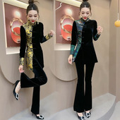 新款 拼色旗袍上衣微喇裤 时尚 2024春季 套装 女新中式 修身 显瘦两件套