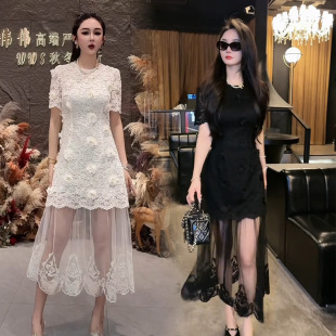 连衣裙女2026夏新款气质名媛高级感网纱拼接显瘦中长款蕾丝裙