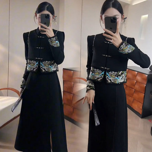 女2025冬新款 套装 气质减龄国风刺绣马夹旗袍长裙两件套 时尚 新中式