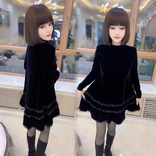 韩版连衣裙女2025春新款气质减龄显瘦木耳边短款丝绒a字版小黑裙