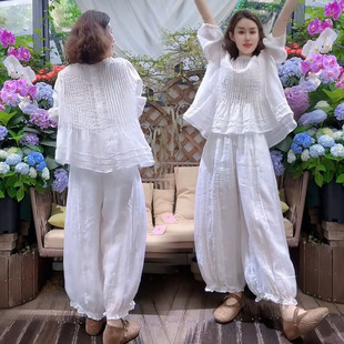 韩版时尚套装女2026夏季新款宽松荷叶边七分袖娃娃衫花苞裤两件套