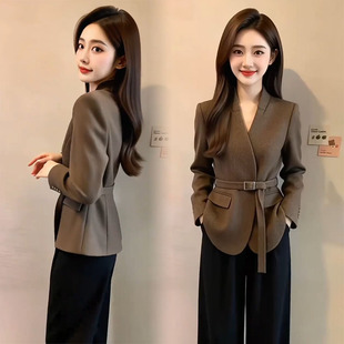 职业修身 新款 显瘦简约高档腰带毛呢外套 女2026春季 通勤气质小西装