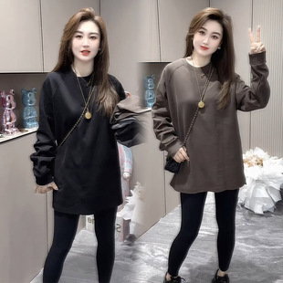 欧货简约休闲大衫女2026秋系款韩版宽松显瘦测开叉中长款圆领卫衣