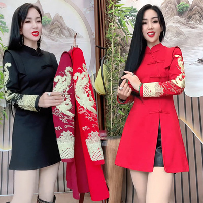 国风凤凰刺绣盘扣开叉显瘦旗袍裙