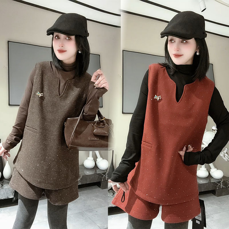 时尚套装女2025冬新款气质减龄a字烫钻马夹短裤打底衫显瘦三件套,女装/女士精品,时尚套装,淘宝优惠券,粉丝福利购,淘宝优惠卷