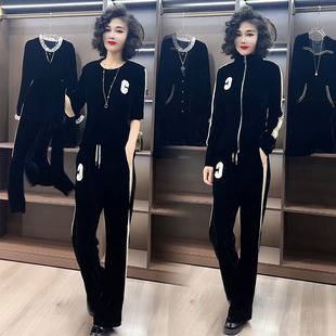 新款 女2023秋季 套装 休闲丝绒三件套 短袖 打底长裤 拉链开衫 网红时尚