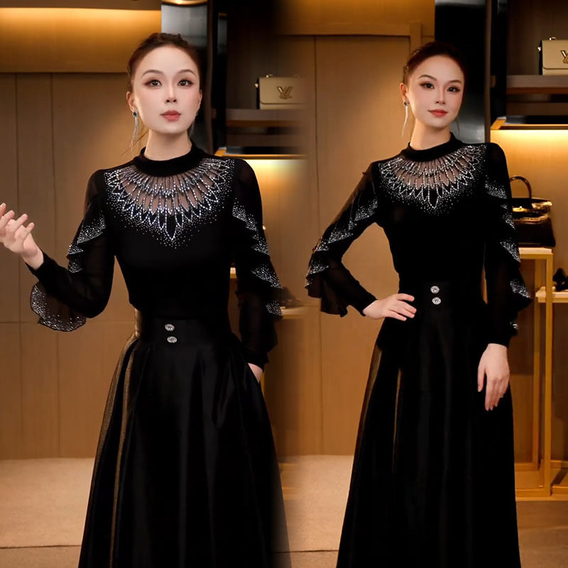 长袖通勤重工烫钻披肩打底衫t恤