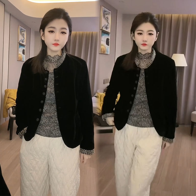 通勤串珠圆领丝绒薄款棉服外套