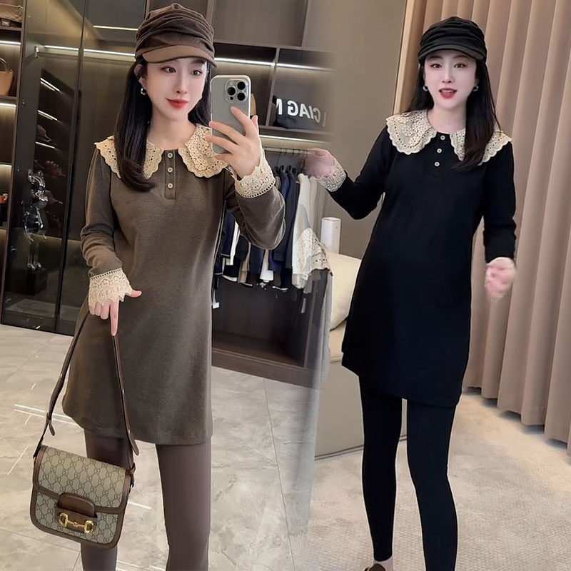 网红t恤女2026秋冬新款减龄蕾丝拼接娃娃领中长款长袖显瘦打底衫