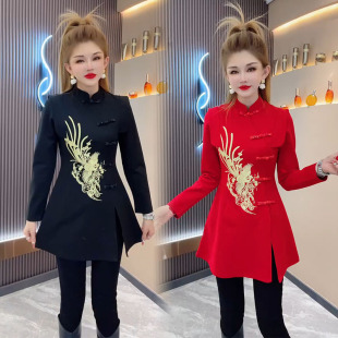 网红旗袍裙女2023冬新款 重工刺绣国风盘扣侧开叉本命年红色连衣裙