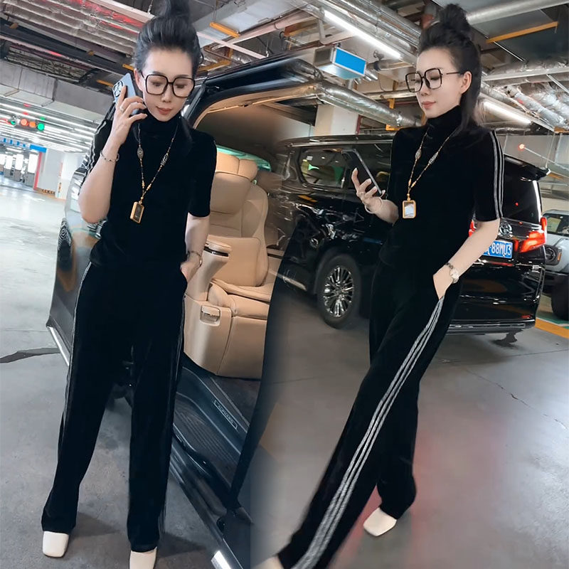 欧货时尚套装女2025秋季新款高领五分袖丝绒t恤阔腿裤显瘦两件套,女装/女士精品,时尚套装,淘宝优惠券,粉丝福利购,淘宝优惠卷