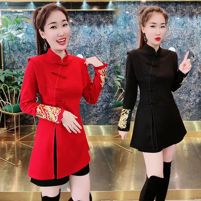 修身通勤长袖绣花盘扣中长款衬衫