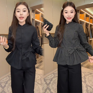 格子衬衫女2026秋季新款设计清新减龄蝴蝶结不对称荷叶边显瘦上衣