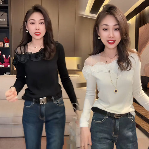 长袖通勤露肩螺纹不对称飞边t恤