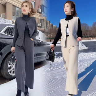 时尚套装女2026春季新款通勤气质显瘦马夹打底衫阔腿裤高档三件套