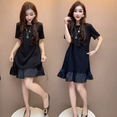 连衣裙女2024夏新款 气质女人味荷叶边洋气显瘦重工烫钻高档a字裙