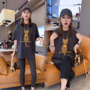 欧货t恤女2025秋冬新款减龄洋气休闲印花宽松显瘦短袖中长款大衫