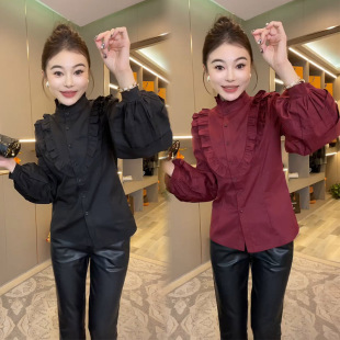 纯色显瘦上衣打底衫 宫廷风气质飞边灯笼袖 冬 女2025春新款 欧货衬衫