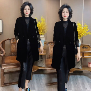 风衣女2026秋新款气质百搭简约修身显瘦西装领中长款丝绒外套