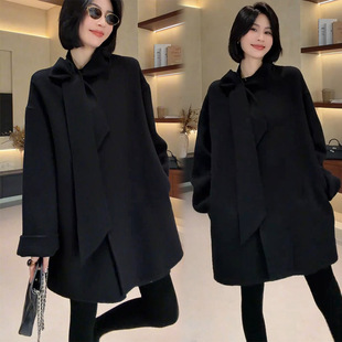 韩范毛呢外套女2026秋冬新款设计简约大气显瘦蝴蝶结中长夹棉大衣