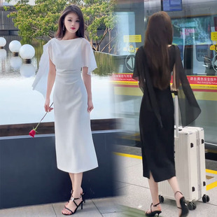 气质连衣裙女2026夏季新款女神设计感不对称披肩拼接修身显瘦长裙