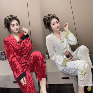 国风睡衣女秋冬V领撞色盘扣可外穿高档长袖大码丝绒家居服套装春