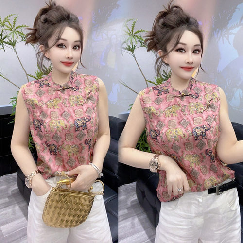 中式盘扣不对称国风复古印花衬衫