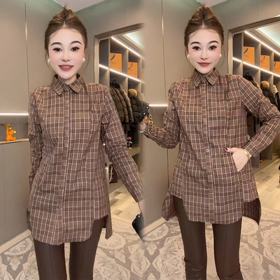 通勤长袖格子中长款不规则衬衫