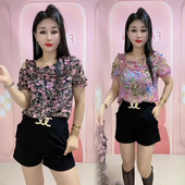 洋气显瘦短袖 雪纺衫 设计感露肩不对称法式 新款 花色上衣 女2024夏季