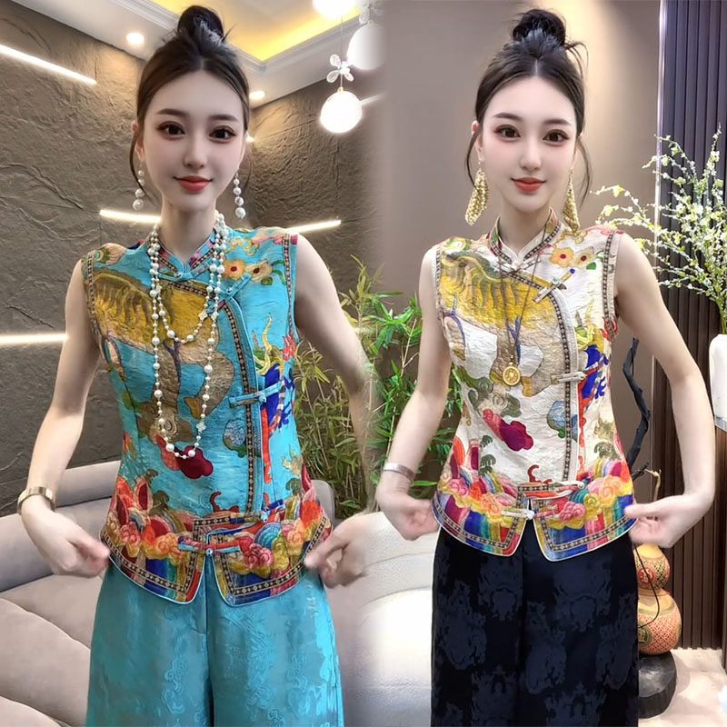 国风马夹女2026夏季新款气质显瘦高级感中式盘扣印花百搭无袖上衣