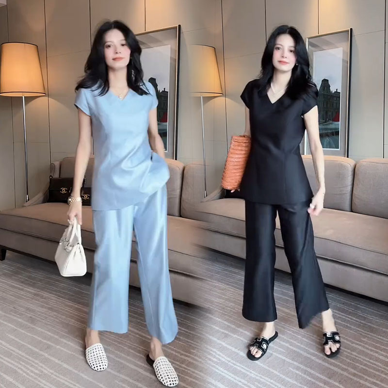夏季V领短袖上衣阔腿裤时尚套装
