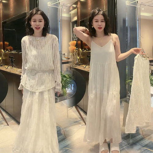 春季镂空针织衫吊带长裙时尚套装