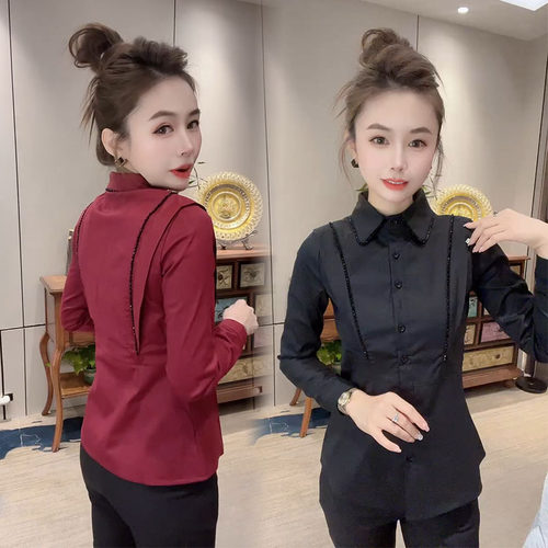 通勤修身显瘦串珠娃娃领长袖衬衫