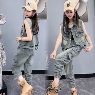 2024秋流行新款时尚套装女洋气牛仔马夹束脚工装裤显瘦休闲两件套