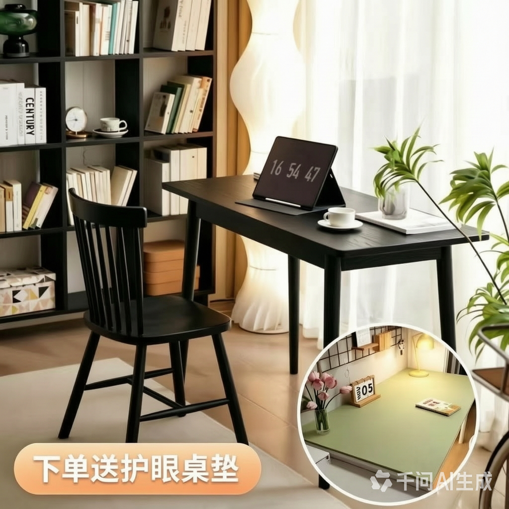 木语人家实木带抽屉全黑极简书桌