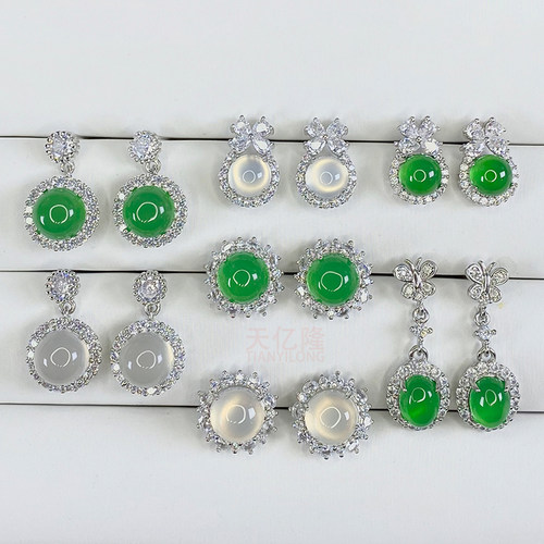 冰种绿玉髓白透玛瑙耳坠耳钉耳环