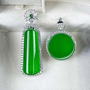 天然冰种玉髓吊坠女款翡翠色平安牌镶嵌银色宝石绿玛瑙项链子挂件