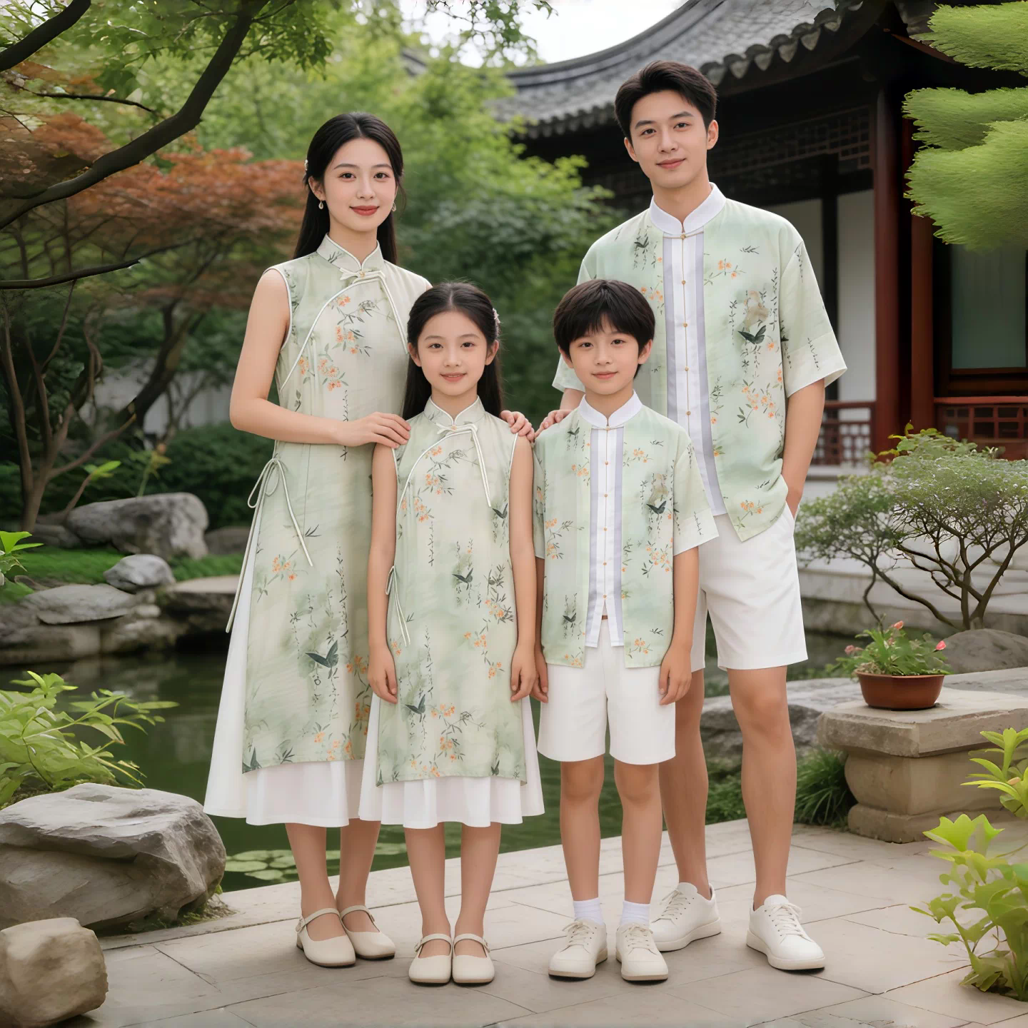 新中式亲子装一家三口母女旗袍中国风母子父子唐装汉服全家福拍照