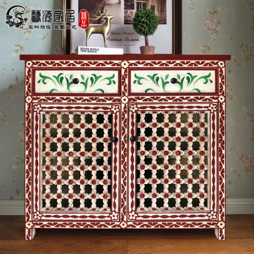 新中式风仿古做旧红色手绘玄关柜