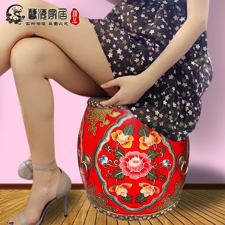 鼓凳牛皮彩绘圆凳新中式实木绣墩古筝凳中国风换鞋凳美式等位餐凳