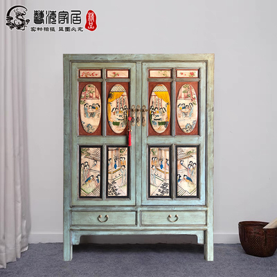中式仿古实木彩绘人物收纳衣橱柜