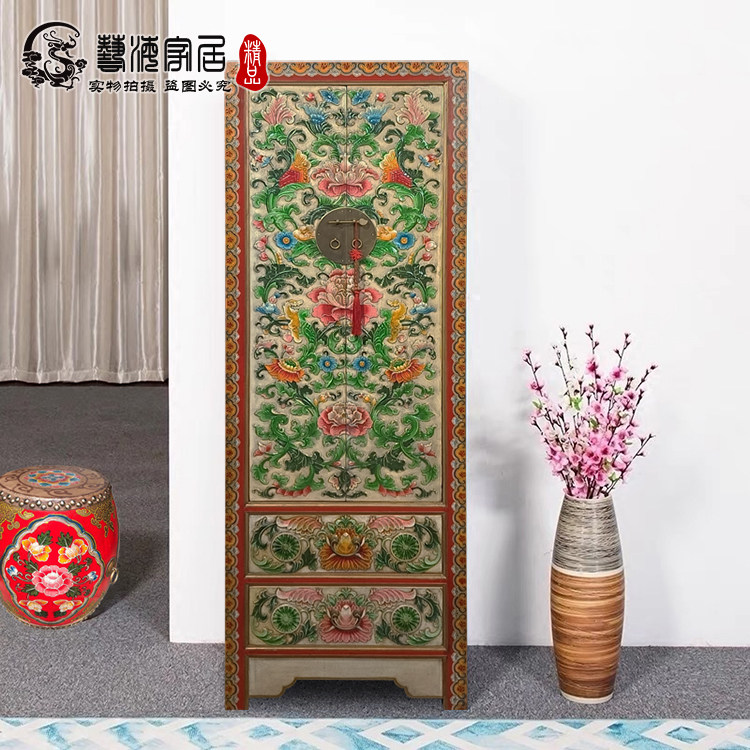 中式实木储物柜复古单人雕花衣柜仿古彩绘高柜整体收纳装饰橱定制