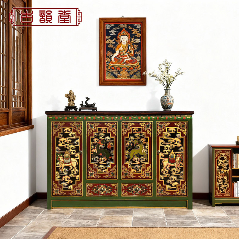 手绘藏式彩绘瑞兽餐边柜玄关柜实木家具中式仿古家具复古家具