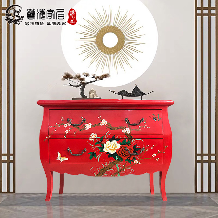 新中式韩式田园红色彩绘牡丹二斗柜灯饰店生活馆饰品摆件柜玄关柜