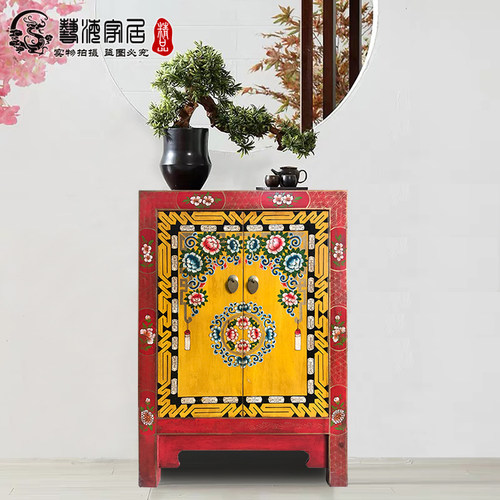 新中式风松木手绘做旧玄关床头柜