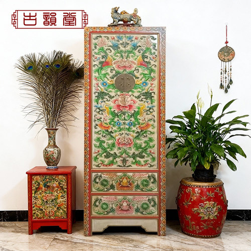 中式实木储物柜复古单人雕花衣柜仿古彩绘高柜整体收纳装饰橱定制