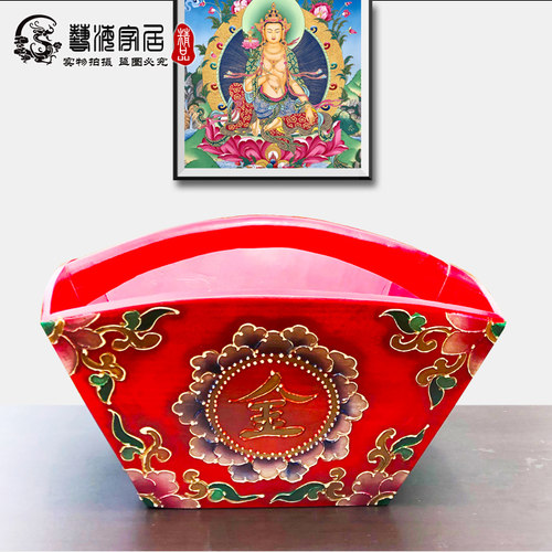 彩绘实木收纳盒日进斗金米斗店铺家居招财饰品摆件玄关收纳包邮